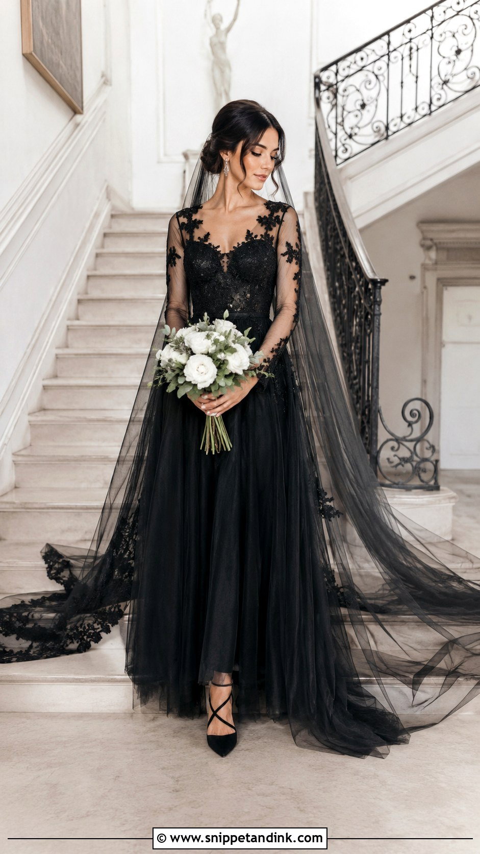 Black Sheer Sleeve Bridal Dress - Snippet and Ink - 30 Black Bridal Dresses
