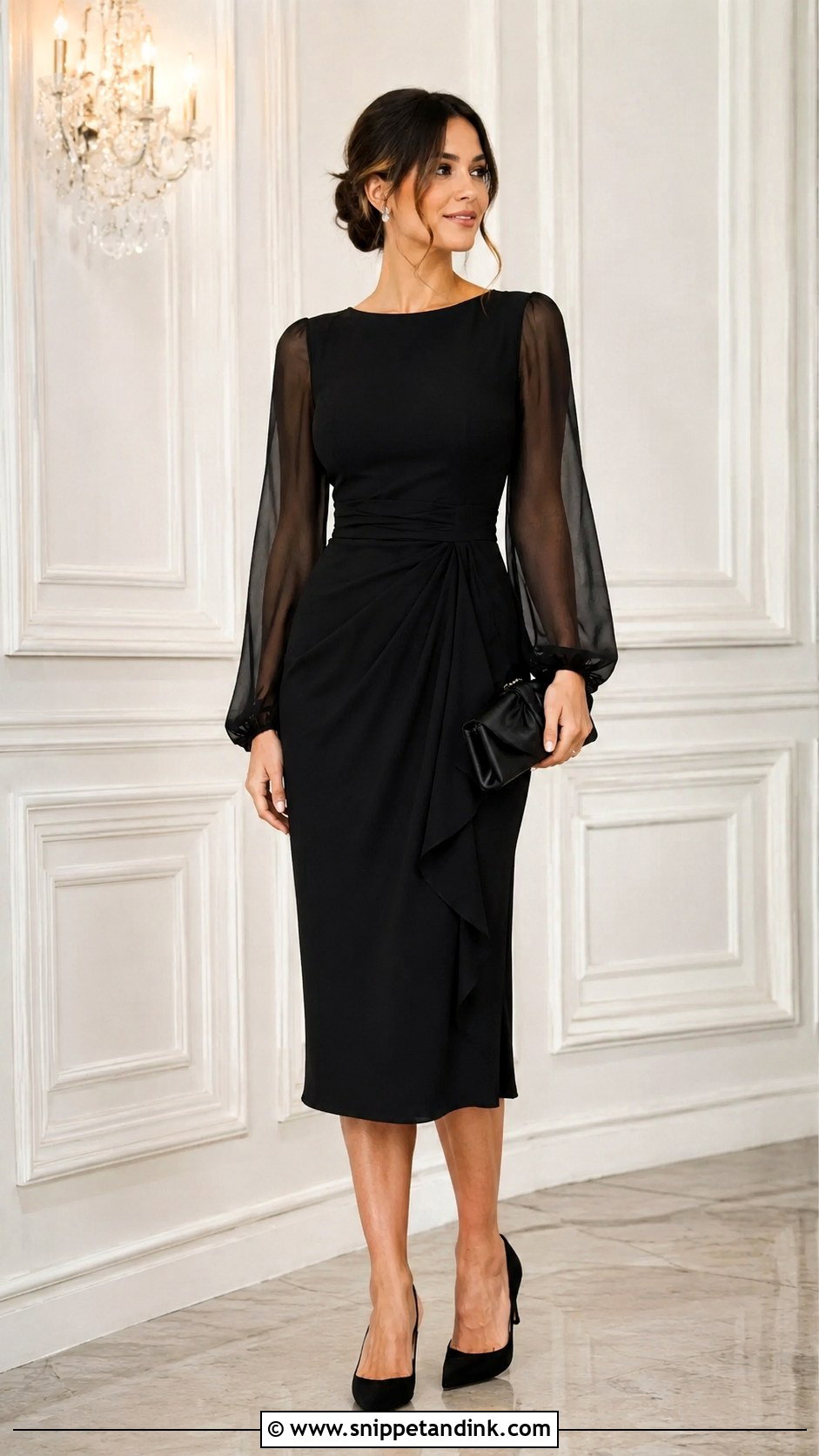 Black Sheer Sleeve Cocktail Dress Wedding Guest Outfit - Snippet and Ink - 25 Black Cocktail Dress for Wedding Ideas