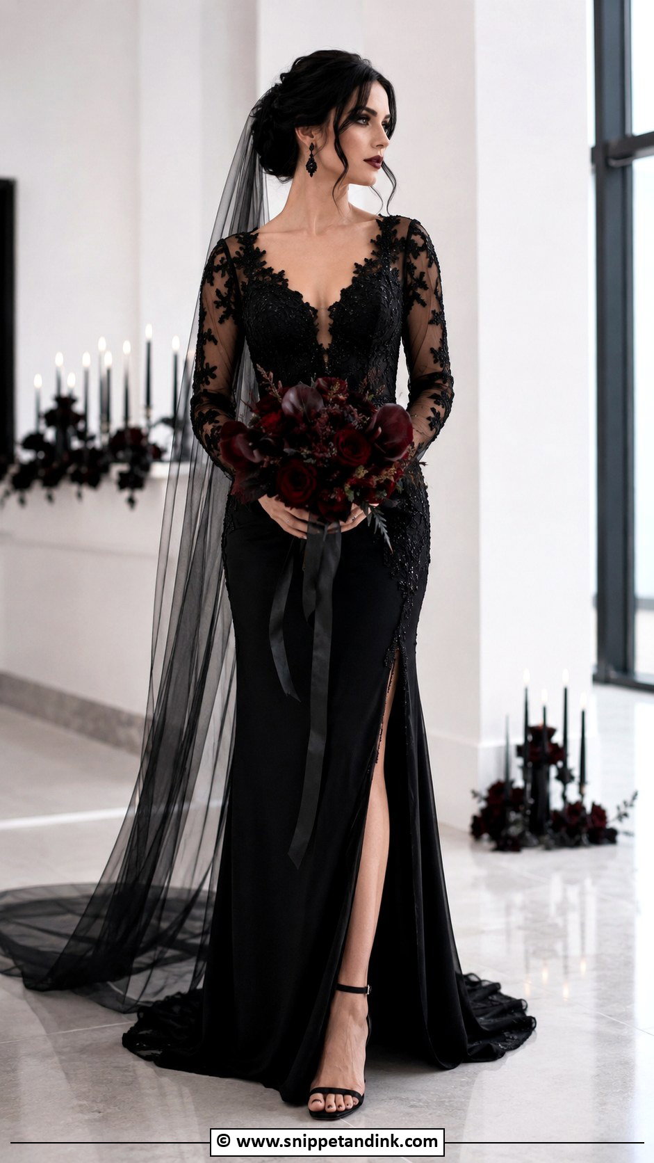 Black Sheer Sleeve Goth Wedding Dress - Snippet and Ink - 30 Goth Wedding Dress Ideas