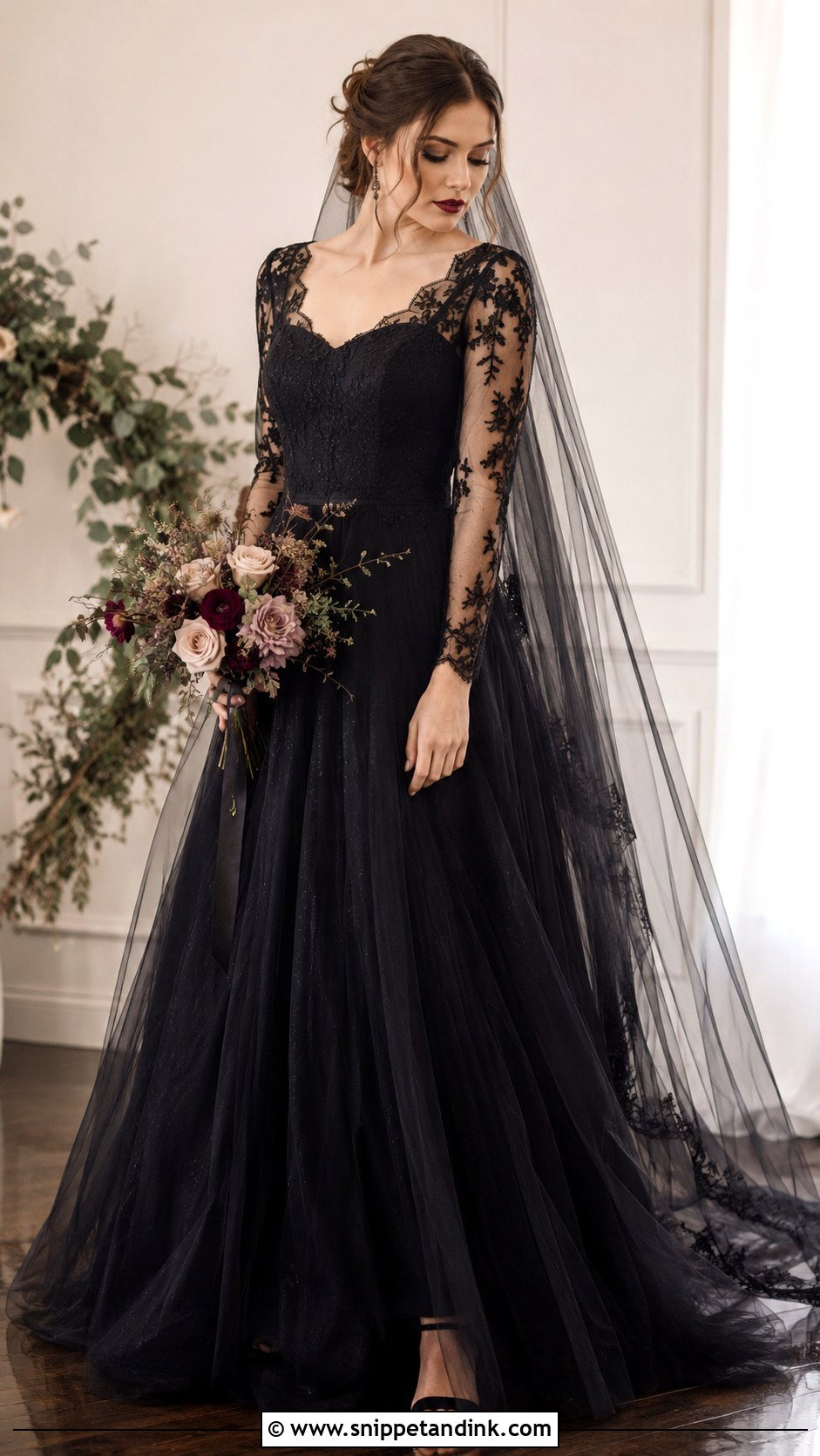 Black Sheer Sleeve Gothic Wedding Dress - Snippet and Ink - 30 Gothic Black Wedding Dresses