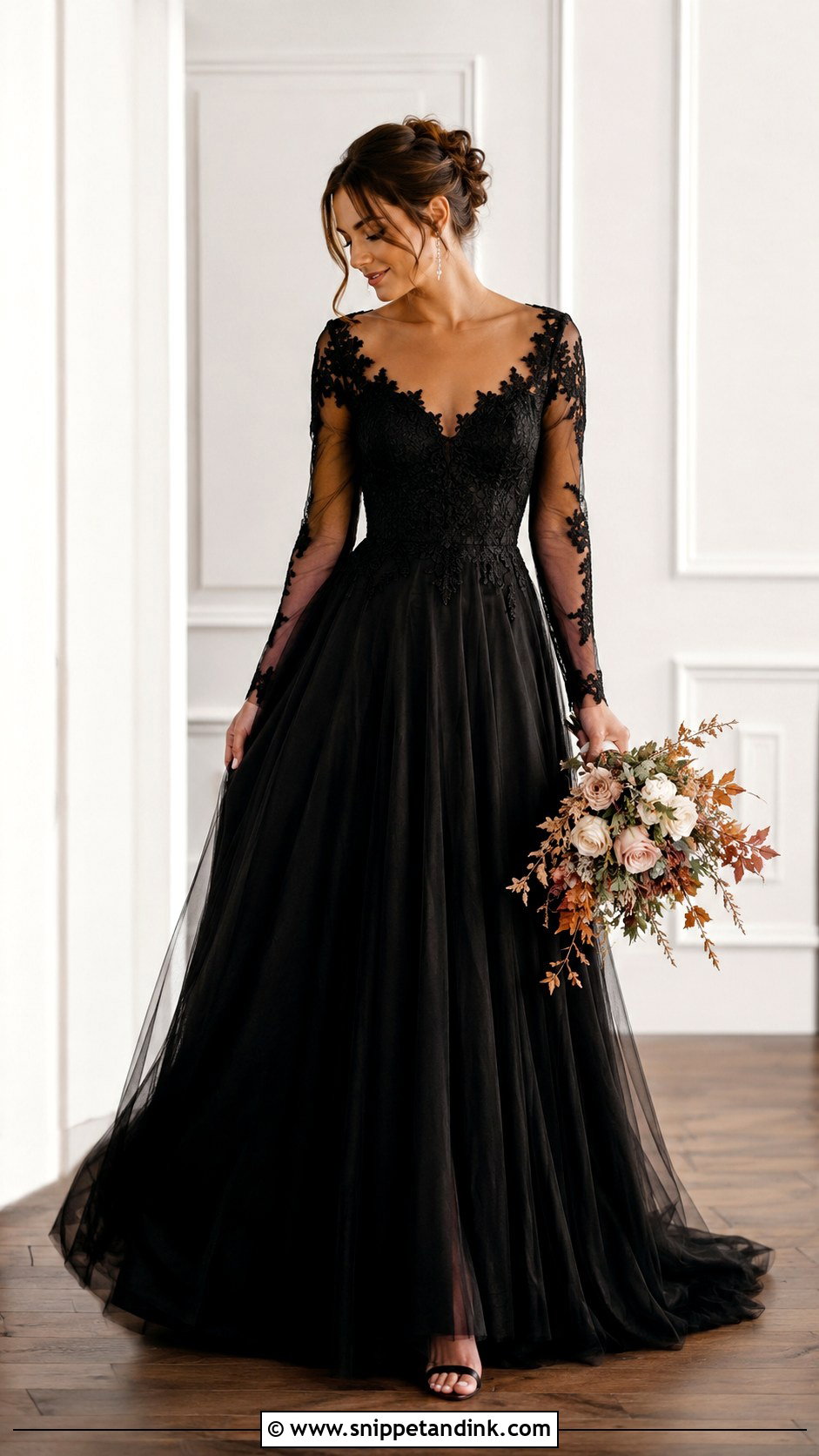 Black Sheer Sleeve Wedding Dress - Snippet and Ink - 30 Black Wedding Dress Ideas