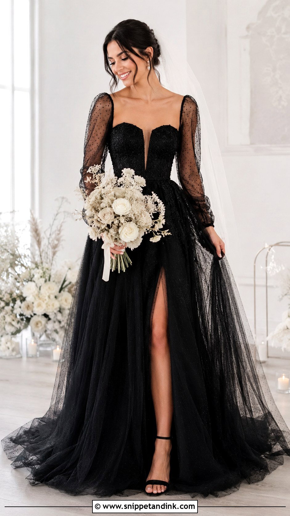 Black Sheer Sleeve Wedding Dress - Snippet and Ink - 25 Black Wedding Dress Aesthetic Ideas