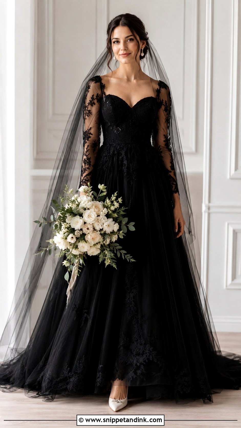 Black Sheer Sleeve Wedding Dress - Snippet and Ink - 30 Elegant Black Wedding Dress Ideas