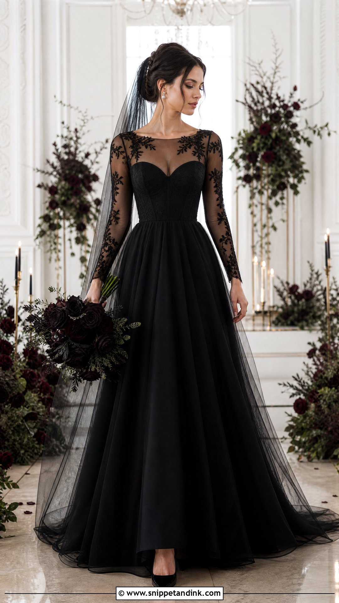Black Sheer Sleeve Wedding Dress - Snippet and Ink - 25 Dark Romantic Wedding Dress Ideas