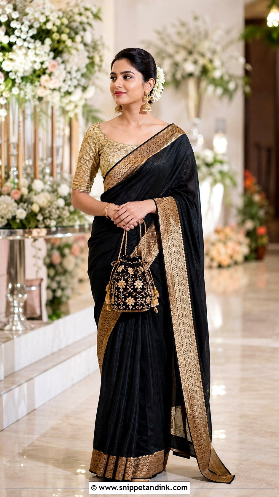 Black Silk Saree With Gold Border - Snippet and Ink - 20 Black Indian Wedding Dress Ideas
