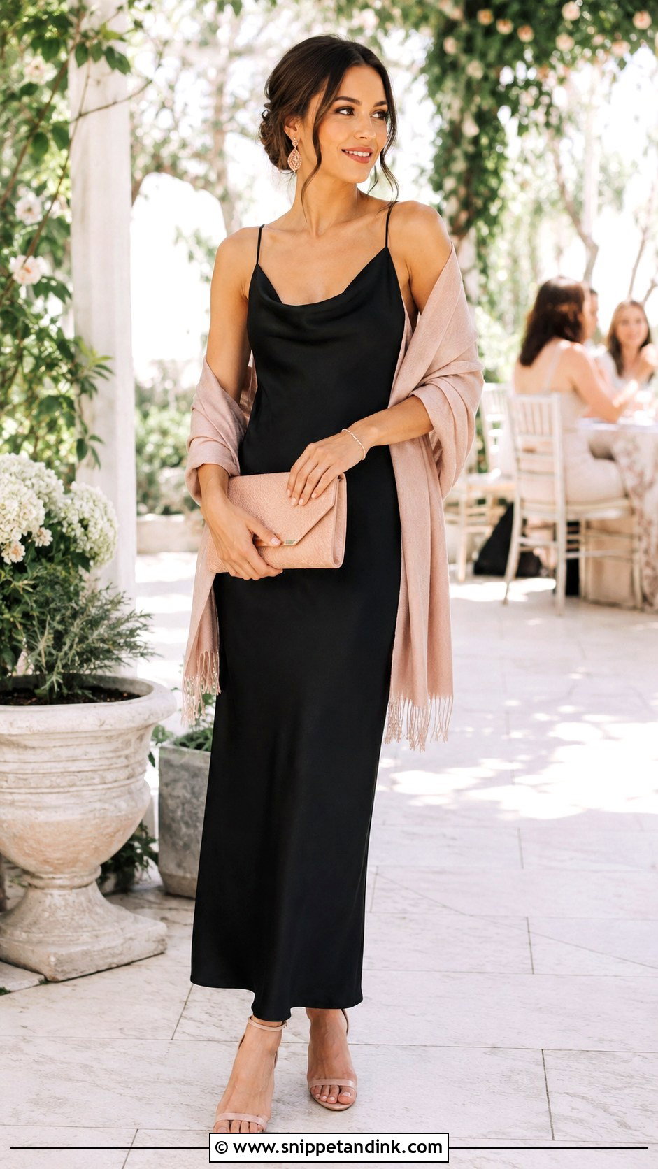 Black Slip Dress With Blush Accessories - Snippet and Ink - 20 Dressing Up a Black Dress for a Wedding Ideas