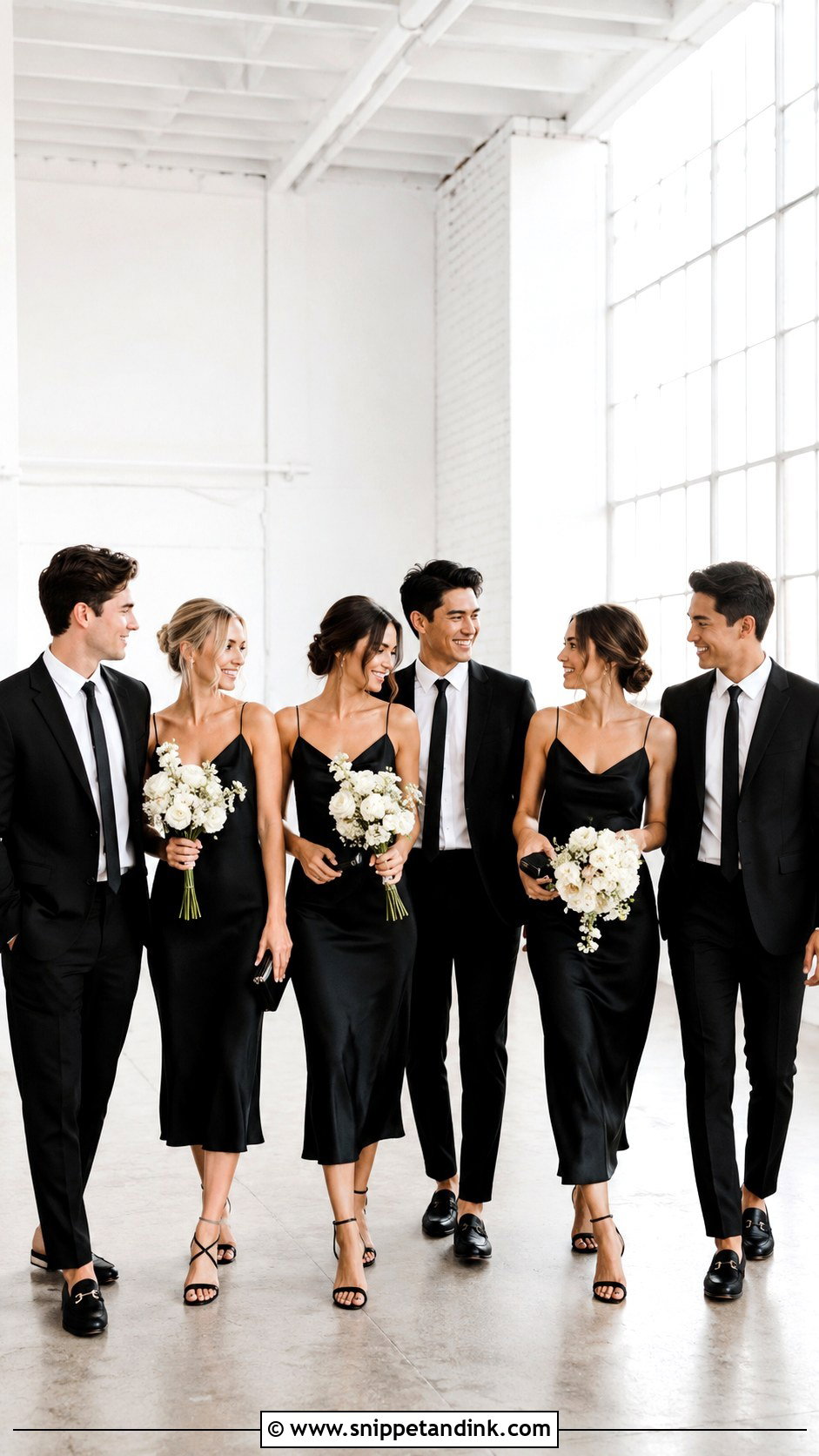 Black Slip Dresses And Minimal Black Suits - Snippet and Ink - 20 Black and White Wedding Party Attire Ideas