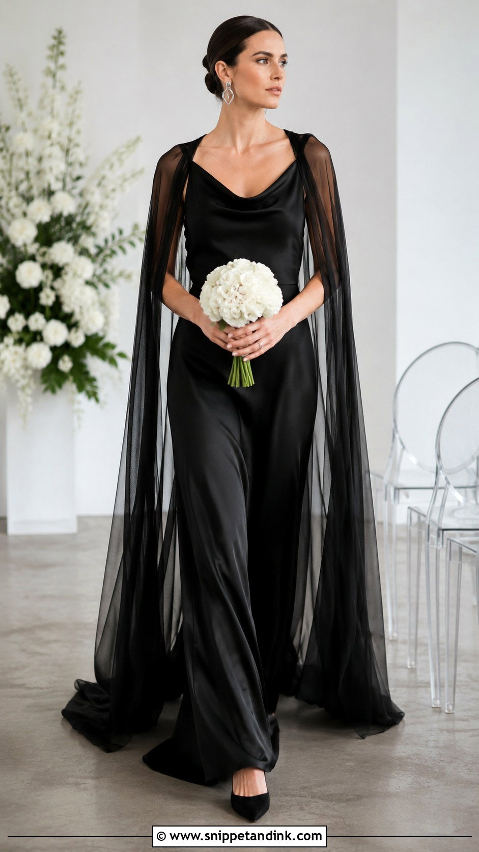 Black Slip Wedding Dress With Sheer Cape - Snippet and Ink - 20 Dark Wedding Dresses