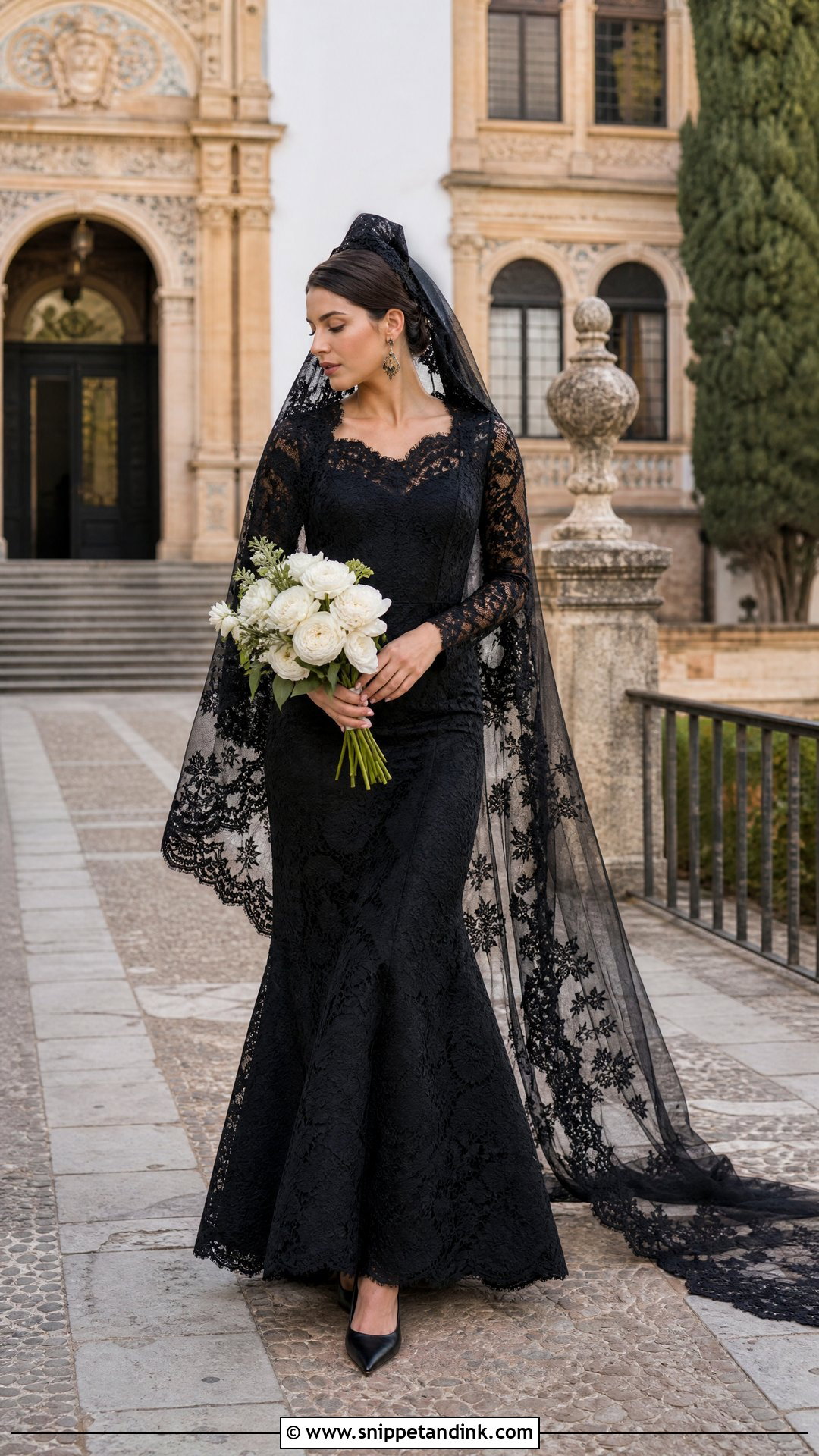 Black Spanish Wedding Dress With Lace Mantilla - Snippet and Ink - 20 Spain Wedding Dress Ideas
