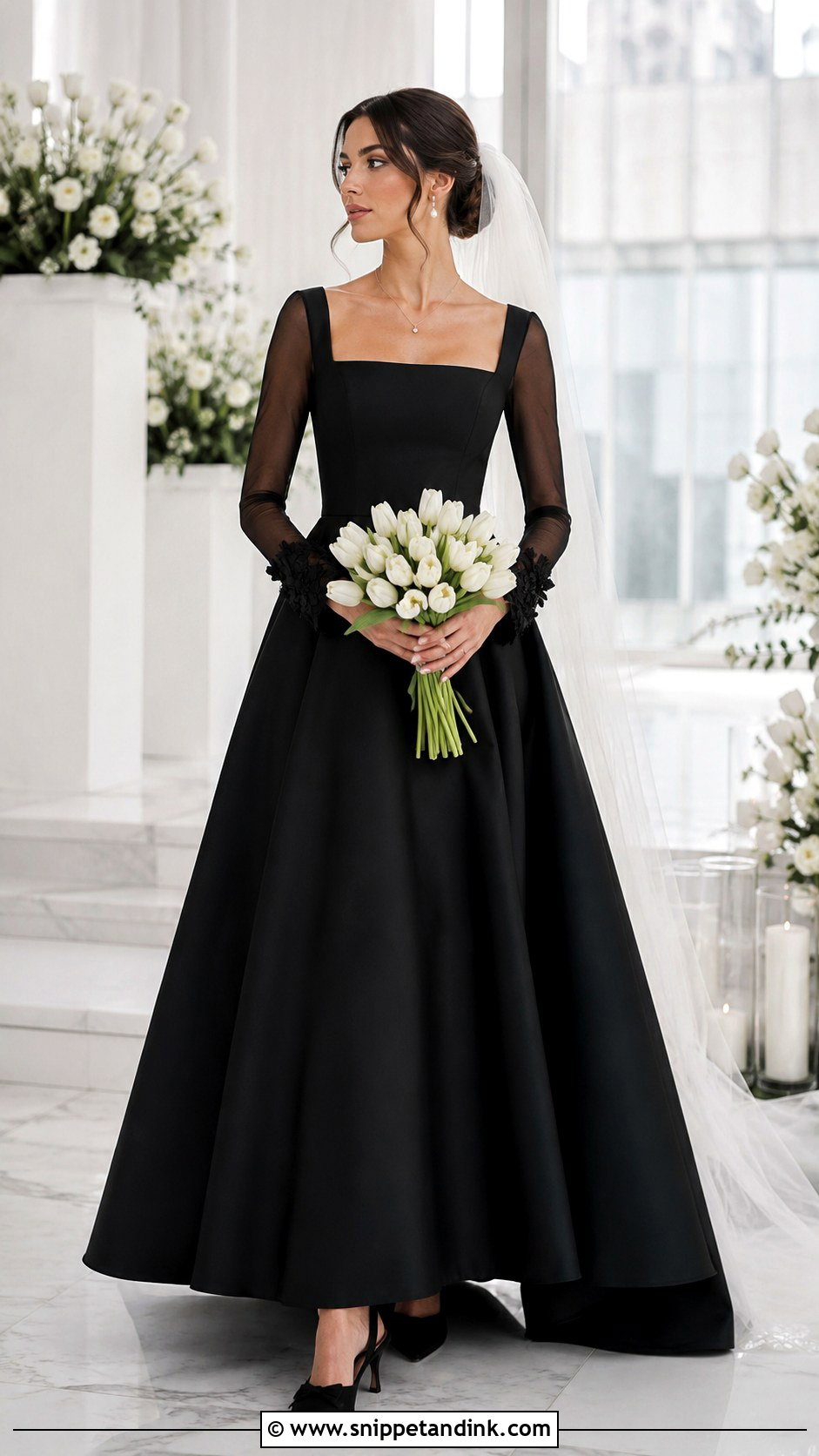 Black Square Neck Wedding Dress With Sheer Sleeves - Snippet and Ink - 20 Black Wedding Dress with Sleeves