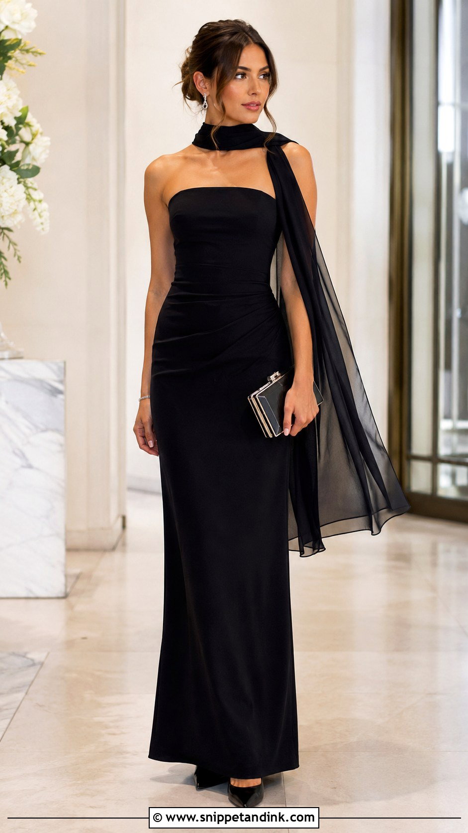 Black Strapless Gown With Neck Scarf - Snippet and Ink - 20 Gown with Neck Scarf Ideas