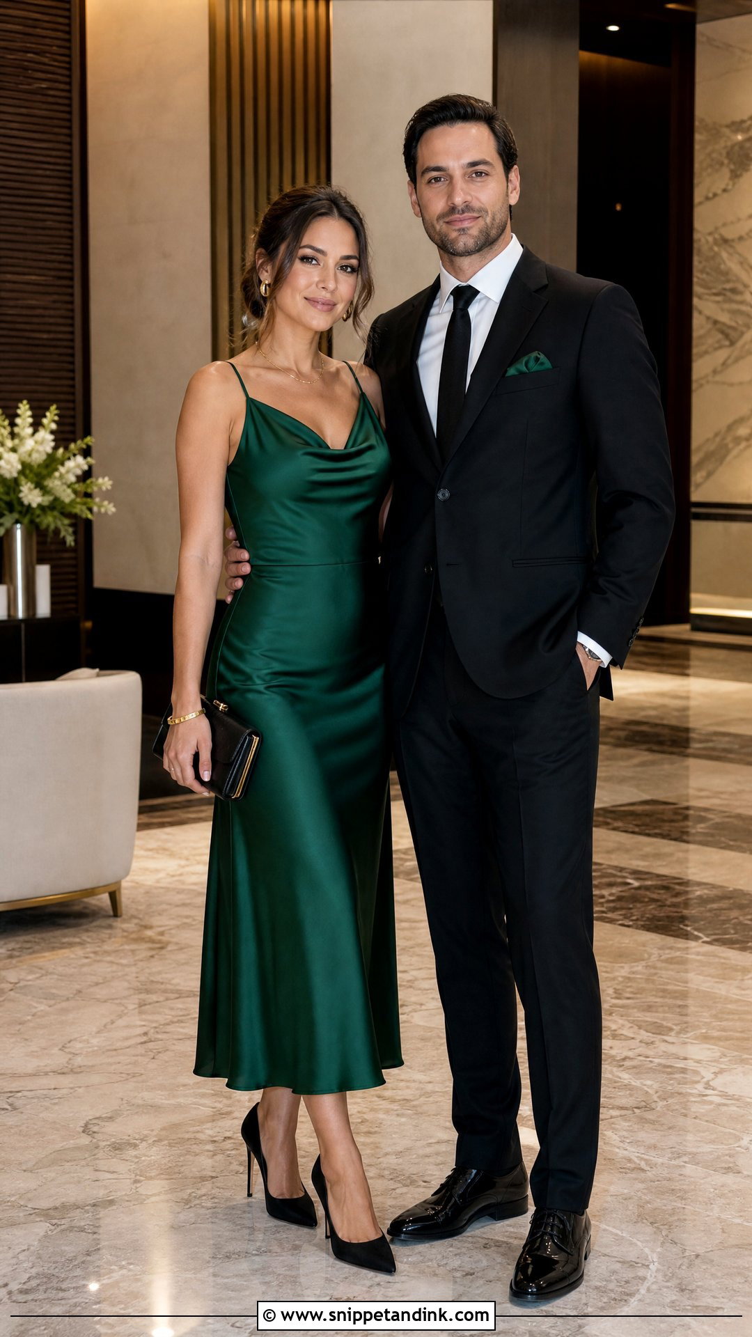 Black Suit And Emerald Green Dress Wedding Outfit - Snippet and Ink - 20 Wedding Date Outfit Couple Ideas