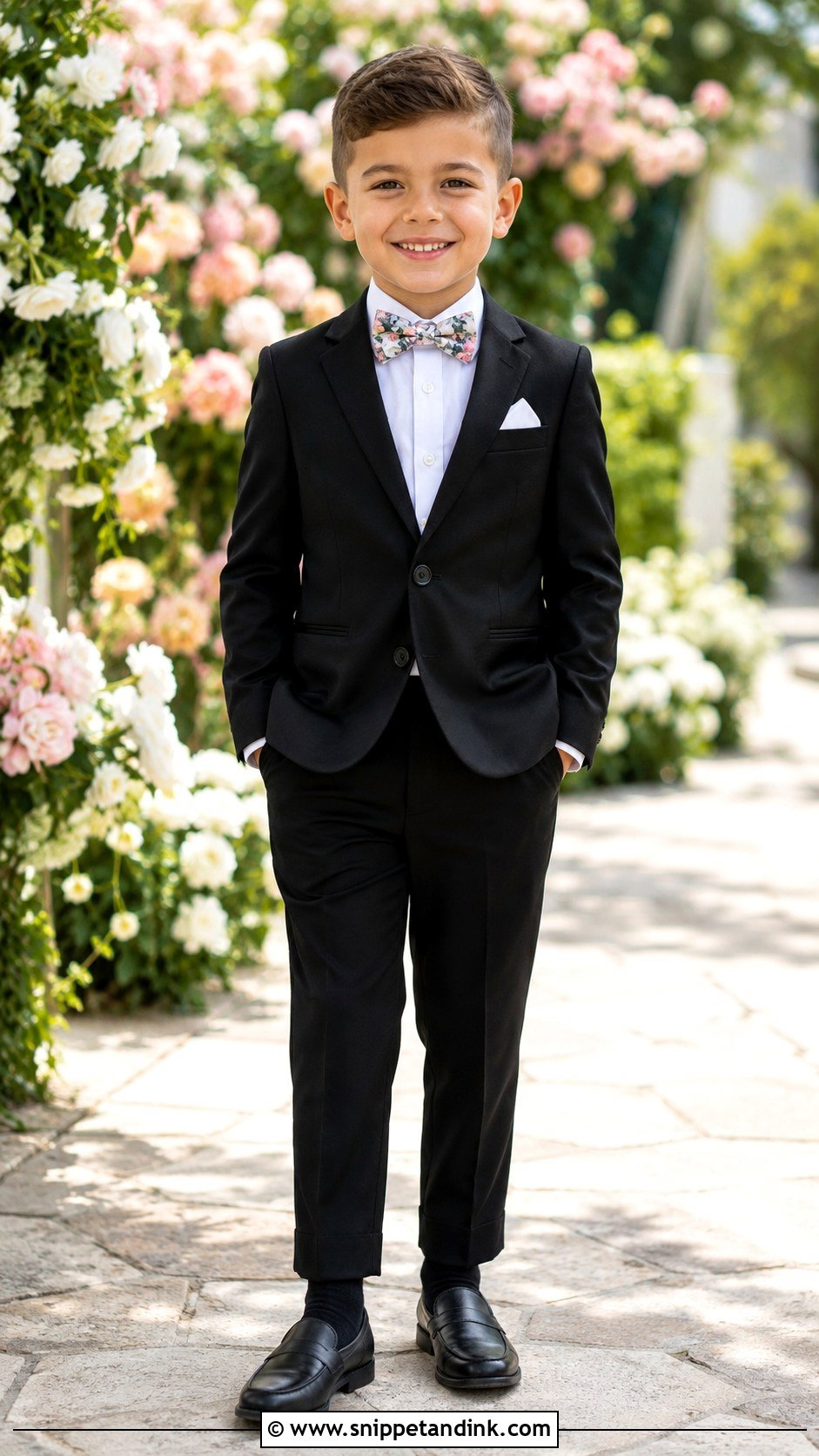 Black Suit And Floral Bow Tie Ring Bearer Outfit - Snippet and Ink - 20 Black Ring Bearer Outfit Ideas