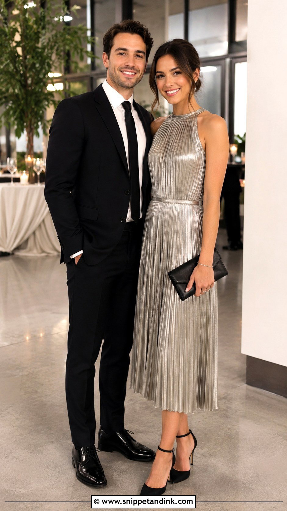 Black Suit And Metallic Midi Dress Couple Wedding Outfit - Snippet and Ink - 20 Couples Wedding Outfits