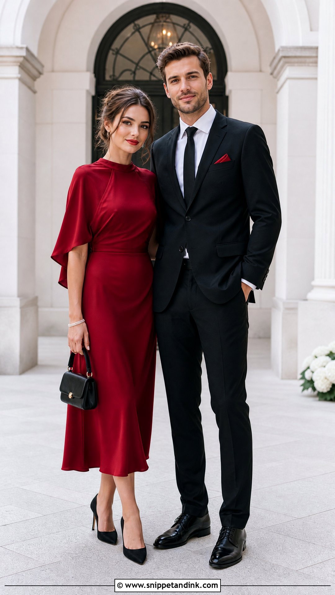 Black Suit And Red Midi Dress Wedding Outfit - Snippet and Ink - 20 Wedding Date Outfit Couple Ideas
