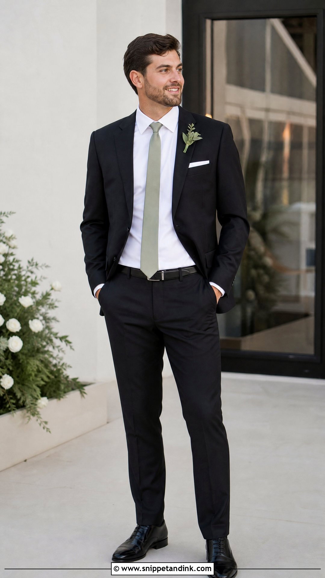 Black Suit And Sage Tie Wedding Usher Outfit - Snippet and Ink - 20 Usher Wedding Outfits