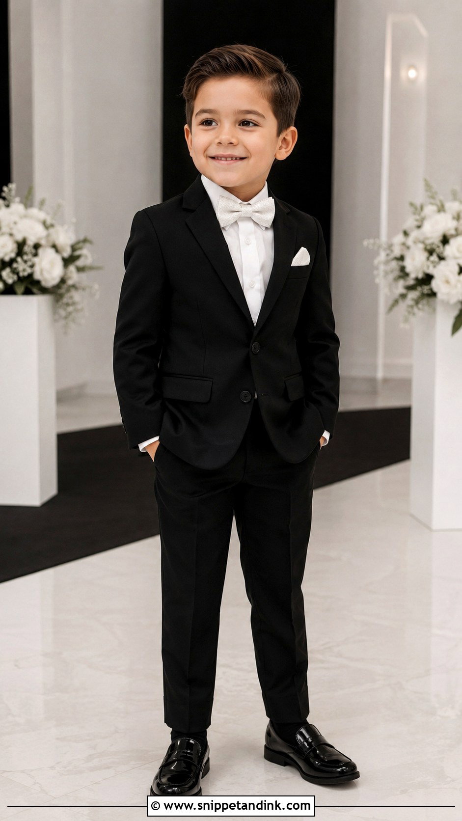 Black Suit And White Bow Tie Ring Bearer Outfit - Snippet and Ink - 20 Black Ring Bearer Outfit Ideas