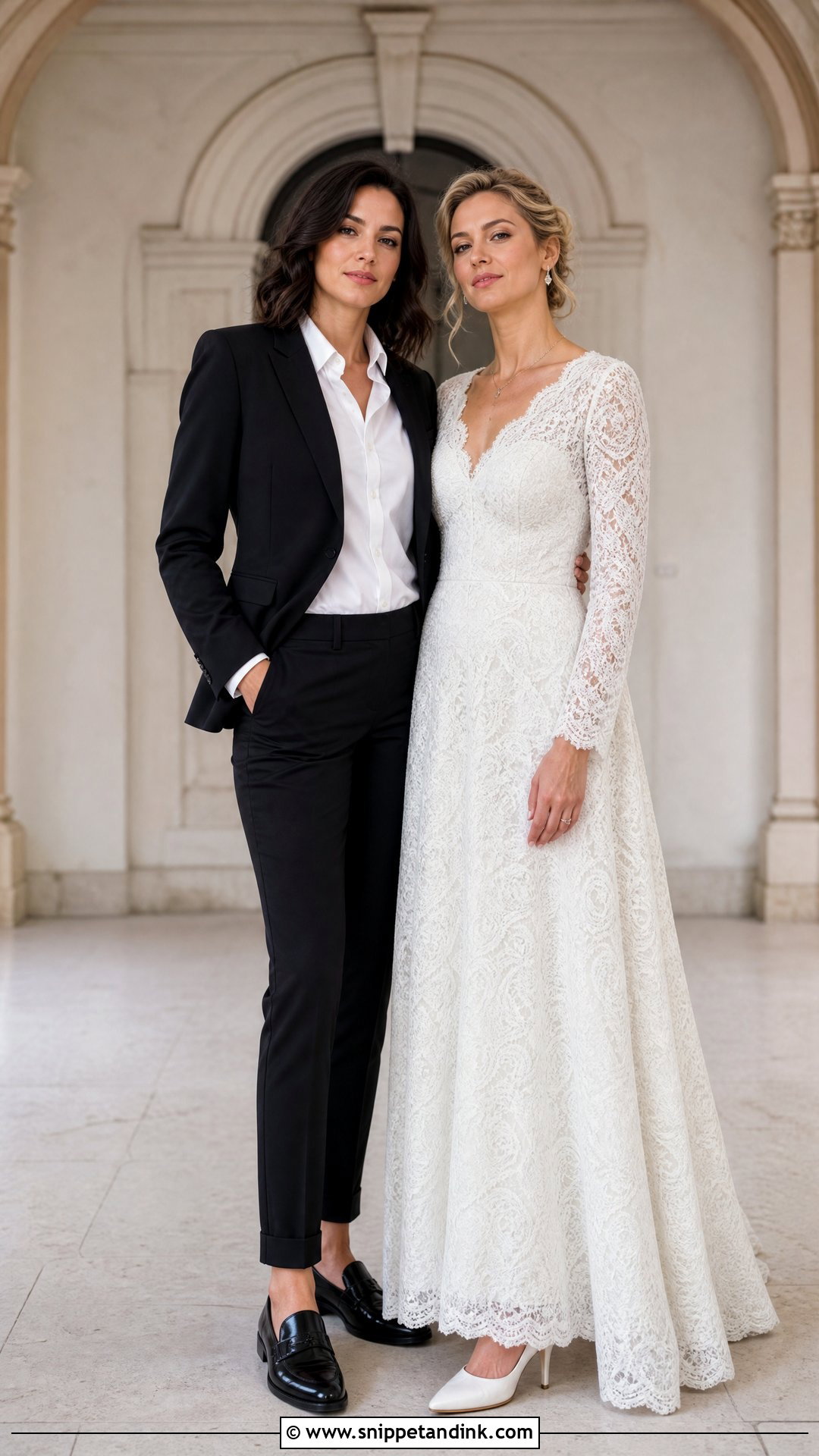Black Suit And White Lace Wedding Dress - Snippet and Ink - 20 WLW Wedding Suit and Dress Ideas