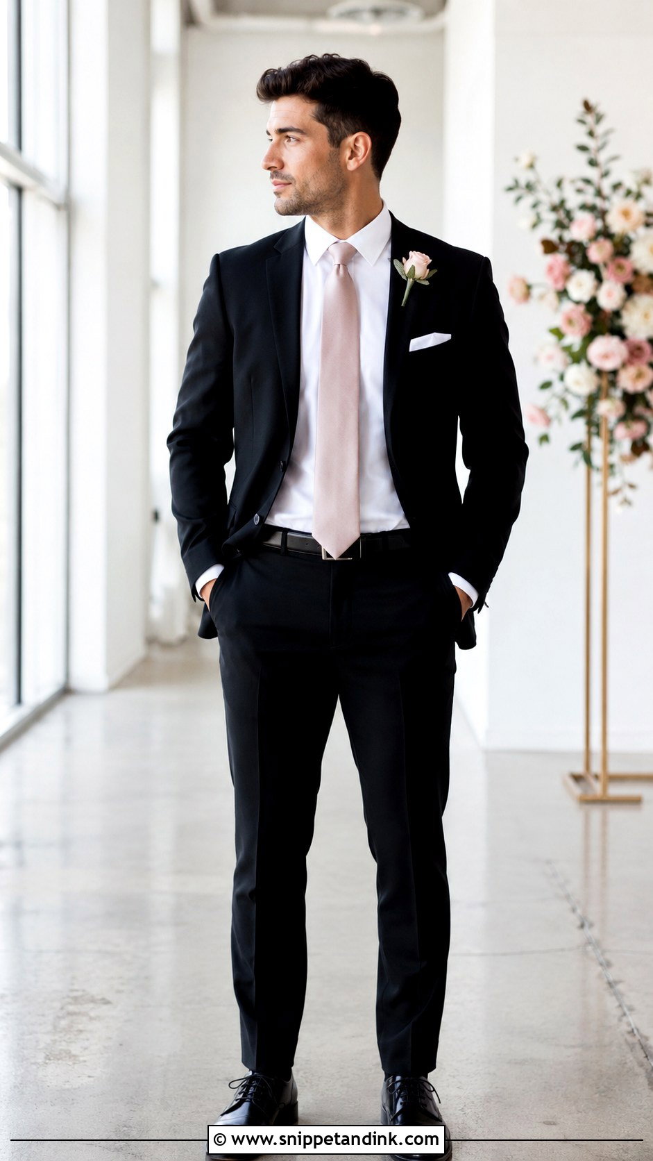 Black Suit With Blush Tie Bridesman Attire - Snippet and Ink - 20 Bridesmen Attire Ideas