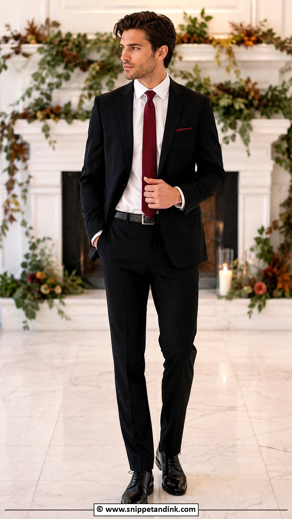 Black Suit With Burgundy Tie - Snippet and Ink - 30 Black Suit Wedding Ideas