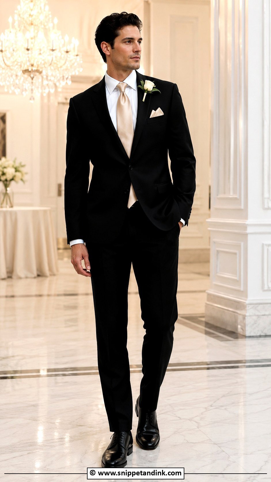 Black Suit With Champagne Tie - Snippet and Ink - 30 Black Suit Wedding Ideas