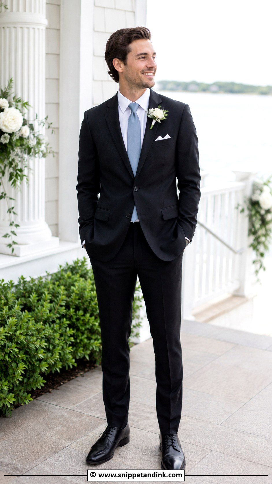 Black Suit With Dusty Blue Tie - Snippet and Ink - 30 Black Suit Wedding Ideas