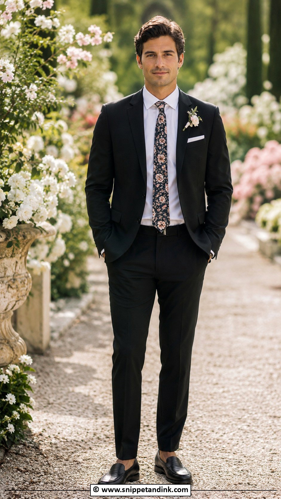 Black Suit With Floral Tie - Snippet and Ink - 30 Black Suit Wedding Ideas