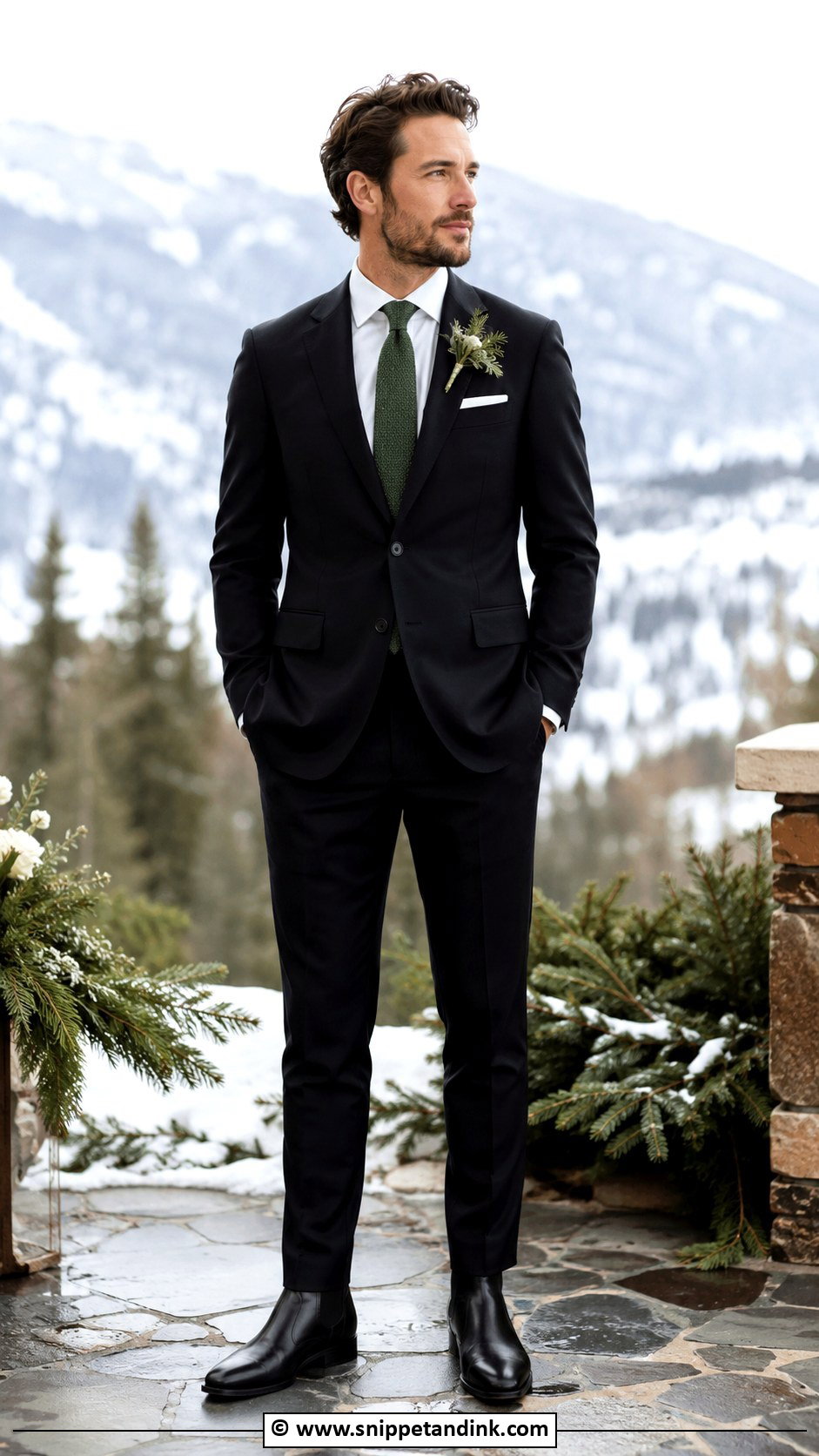 Black Suit With Forest Green Tie - Snippet and Ink - 30 Black Suit Wedding Ideas