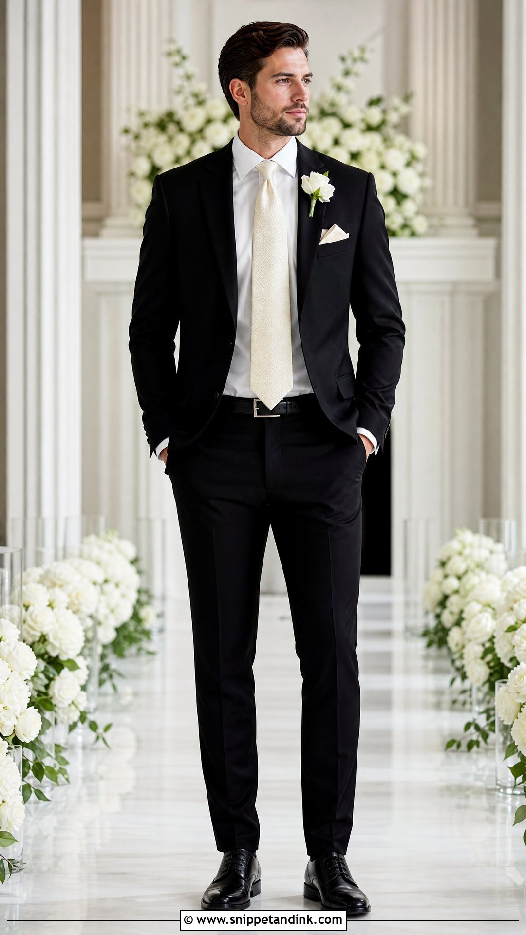 Black Suit With Ivory Wedding Tie - Snippet and Ink - 20 Wedding Tie Ideas
