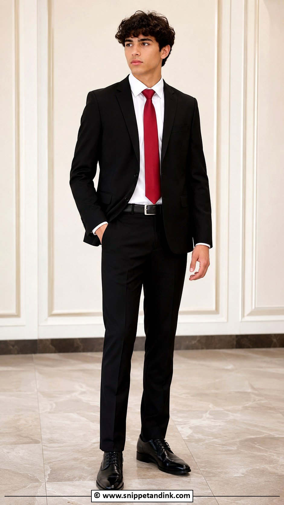 Black Suit With Red Tie Chambelanes Outfit - Snippet and Ink - 25 Chambelanes Outfits