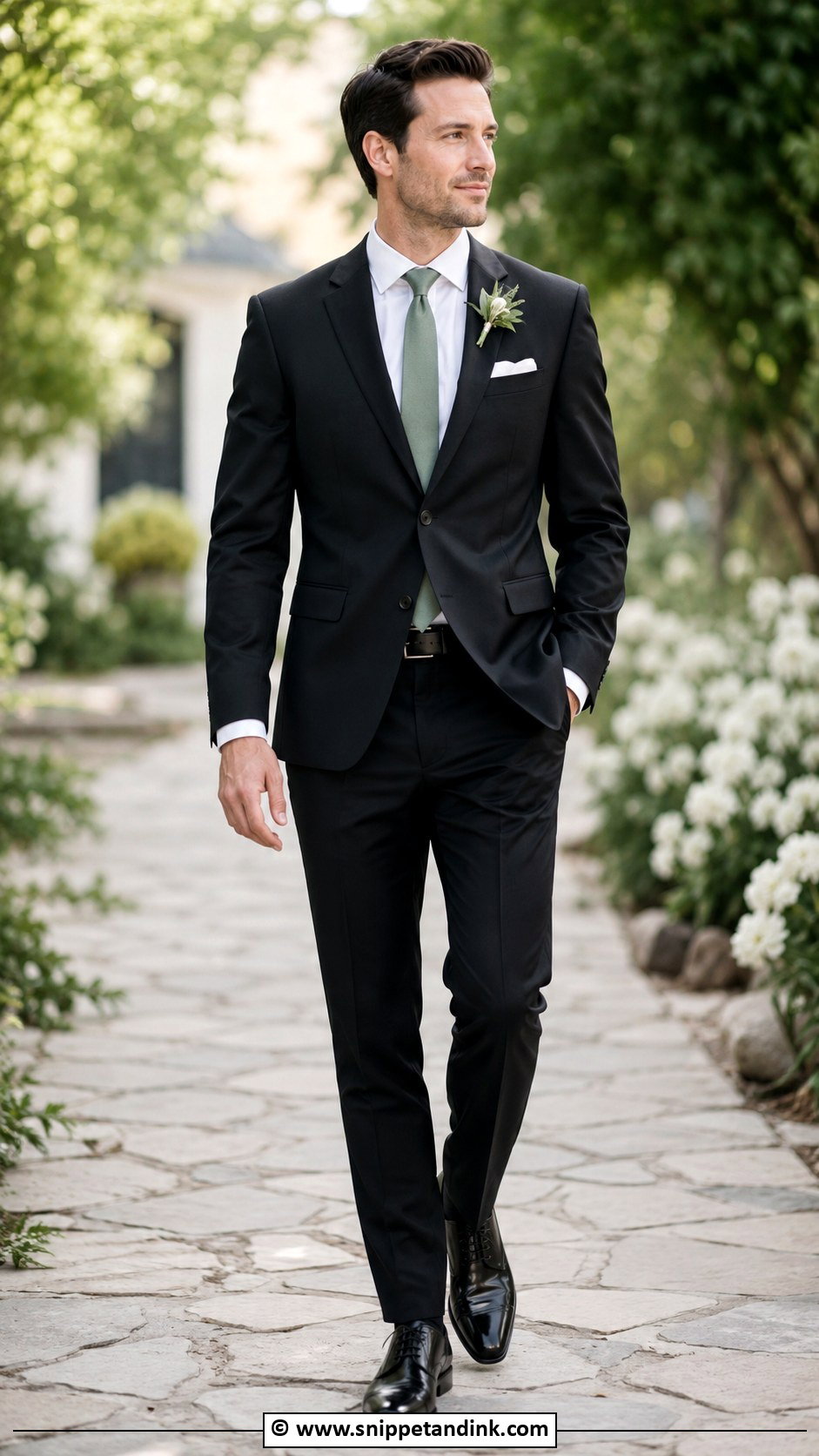 Black Suit With Sage Green Tie - Snippet and Ink - 30 Black Suit Wedding Ideas