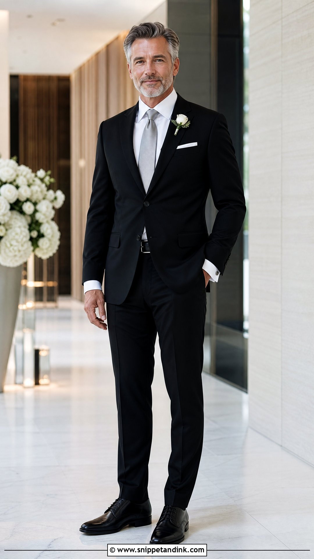 Black Suit With Silver Tie Father Wedding Outfit - Snippet and Ink - 20 Wedding Outfit for Father Ideas