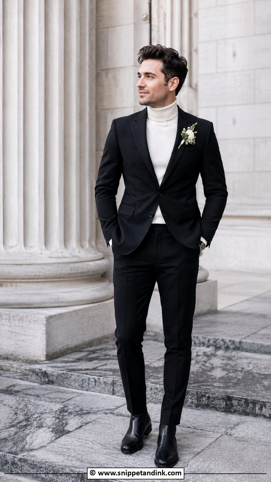 Black Suit With Turtleneck - Snippet and Ink - 30 Black Suit Wedding Ideas