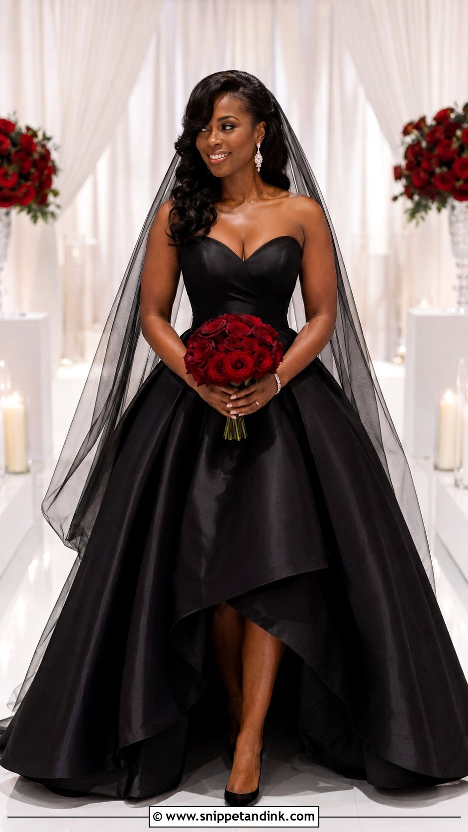 Black Sweetheart Ballgown Wedding Dress With Red Bouquet - Snippet and Ink - 20 Ballgown Wedding Dress Black Woman Ideas