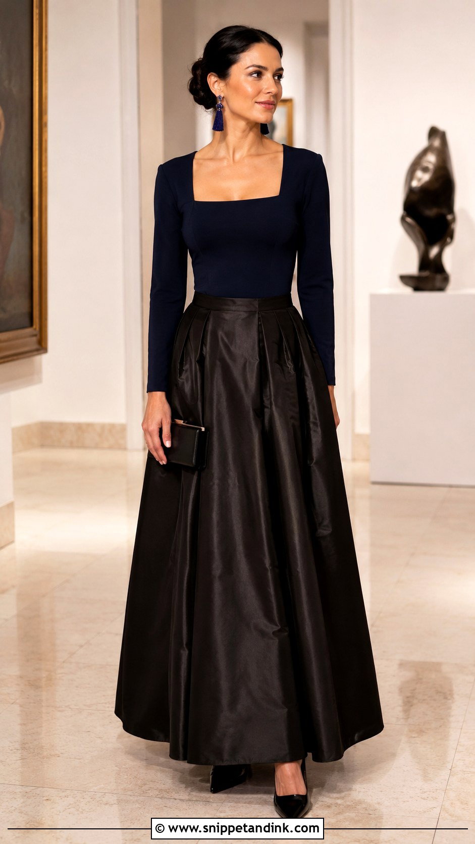 Black Taffeta Long Skirt With Jewel Tone Bodysuit - Snippet and Ink - 20 Long Skirt Outfits for Wedding