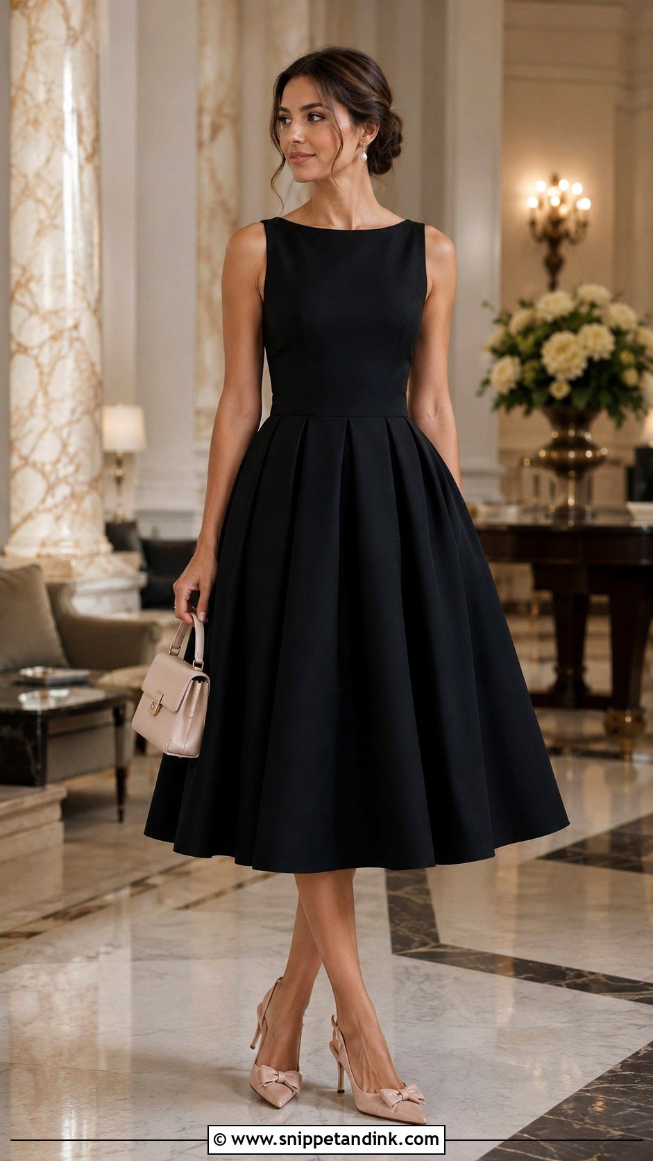 Black Tea Length Dress With Bow Heels - Snippet and Ink - 20 Dressing Up a Black Dress for a Wedding Ideas