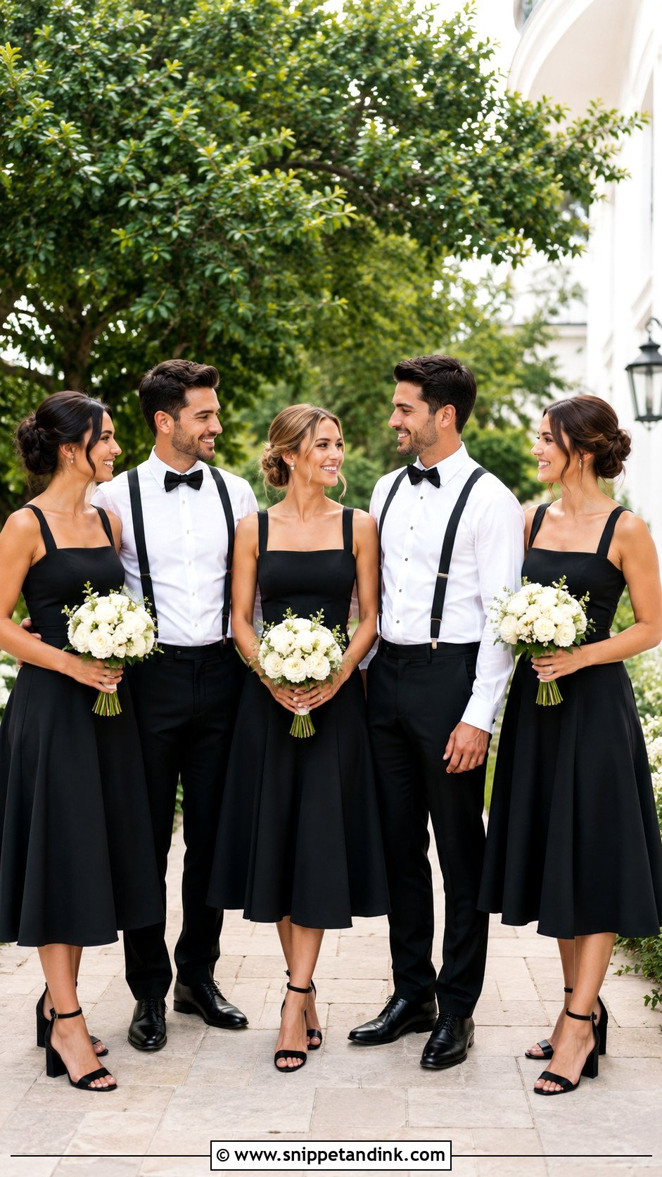 Black Tea Length Dresses And Suspenders - Snippet and Ink - 20 Black and White Wedding Party Attire Ideas