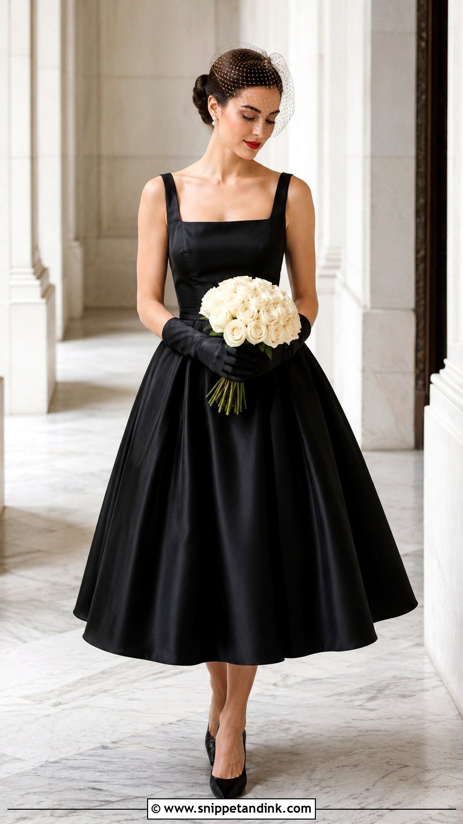 Black Tea Length Wedding Dress With Gloves - Snippet and Ink - 20 Dark Wedding Dresses
