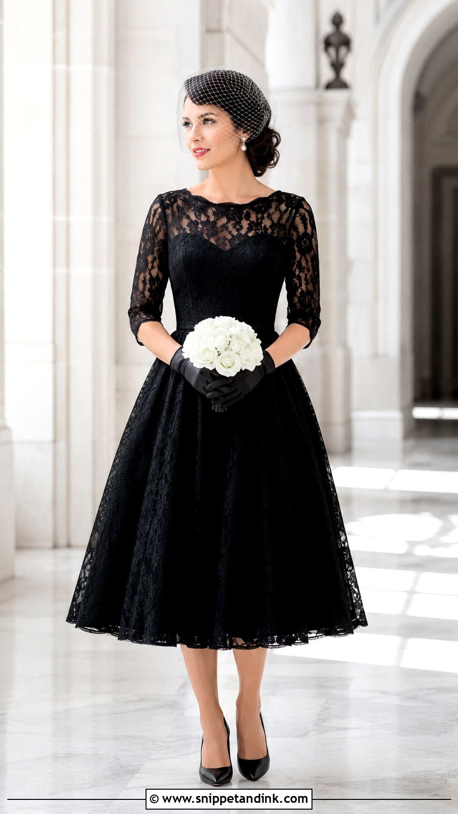 Black Tea Length Wedding Dress With Three Quarter Sleeves - Snippet and Ink - 20 Black Wedding Dress with Sleeves