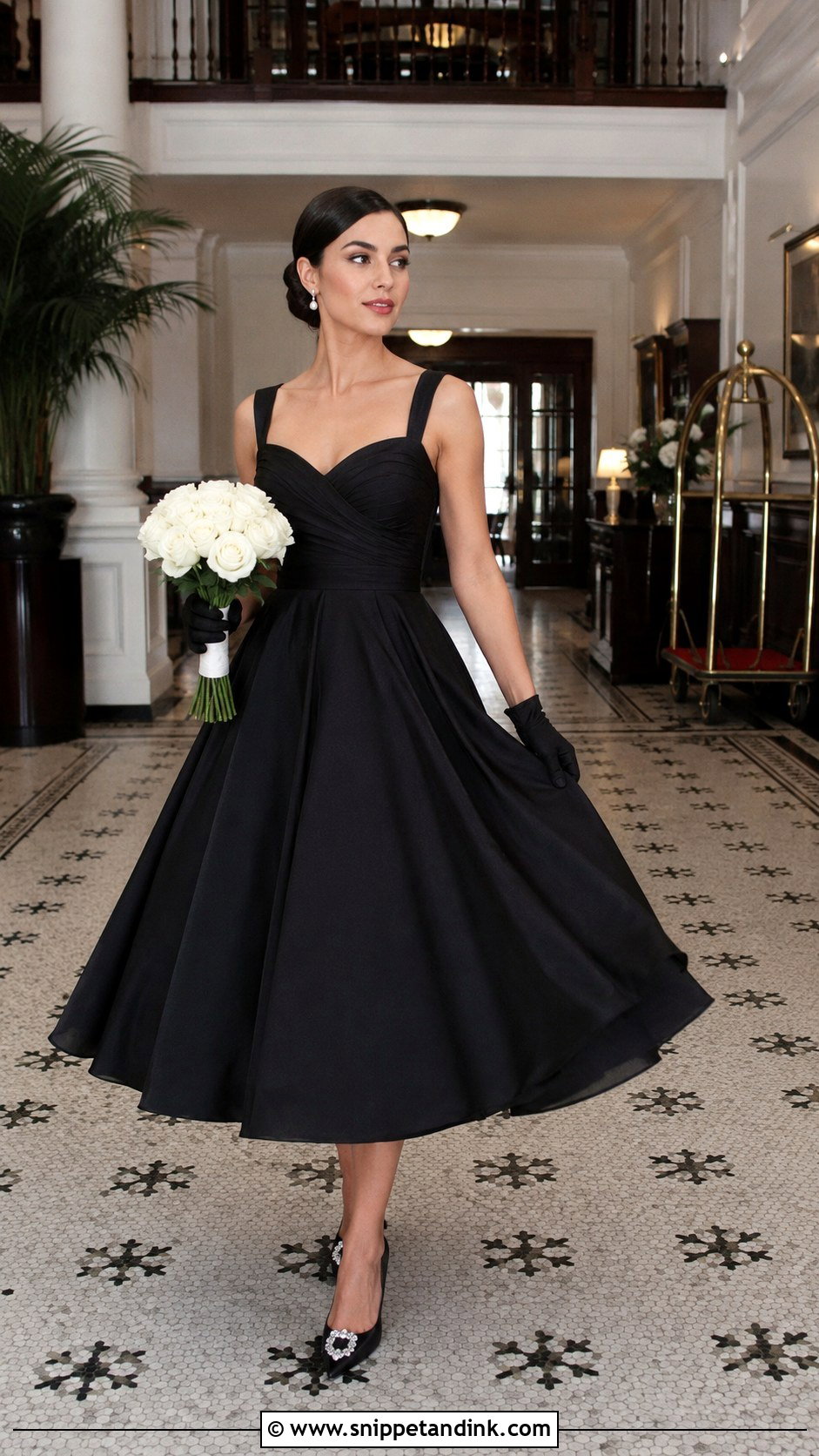 Black Tea Length Wedding Dress in a Vintage Hotel - Snippet and Ink - 20 Black Wedding Dress Photoshoot Ideas