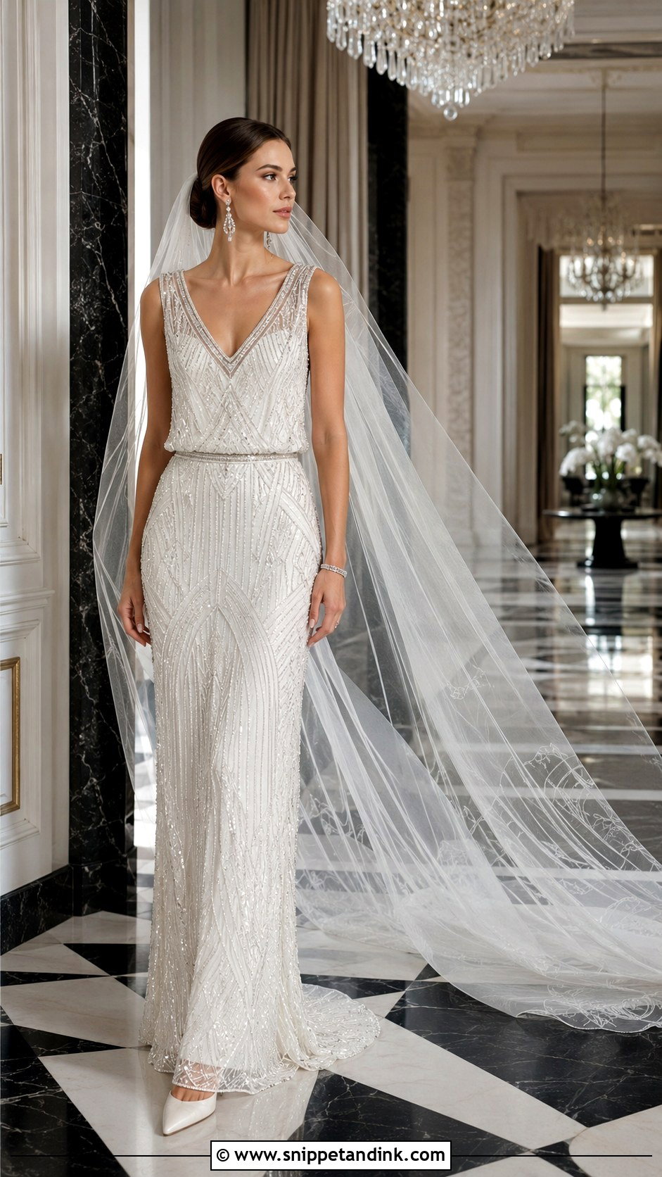 Black Tie Flapper Wedding Dress With Cathedral Veil - Snippet and Ink - 20 Flapper Wedding Dress Ideas