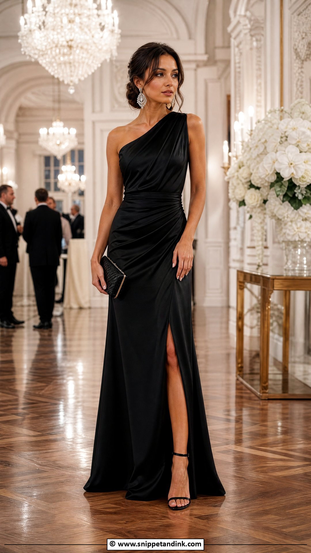 Black Tie Gown With Statement Earrings - Snippet and Ink - 35 Dresses to Wear to a Wedding