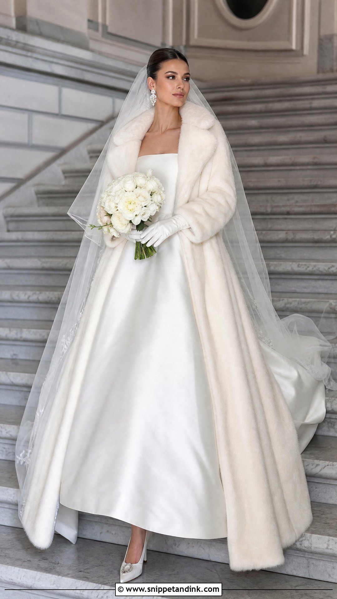 Black Tie Wedding Dress With Full Length Fur Coat - Snippet and Ink - 20 Wedding Dress with Fur Coat Ideas
