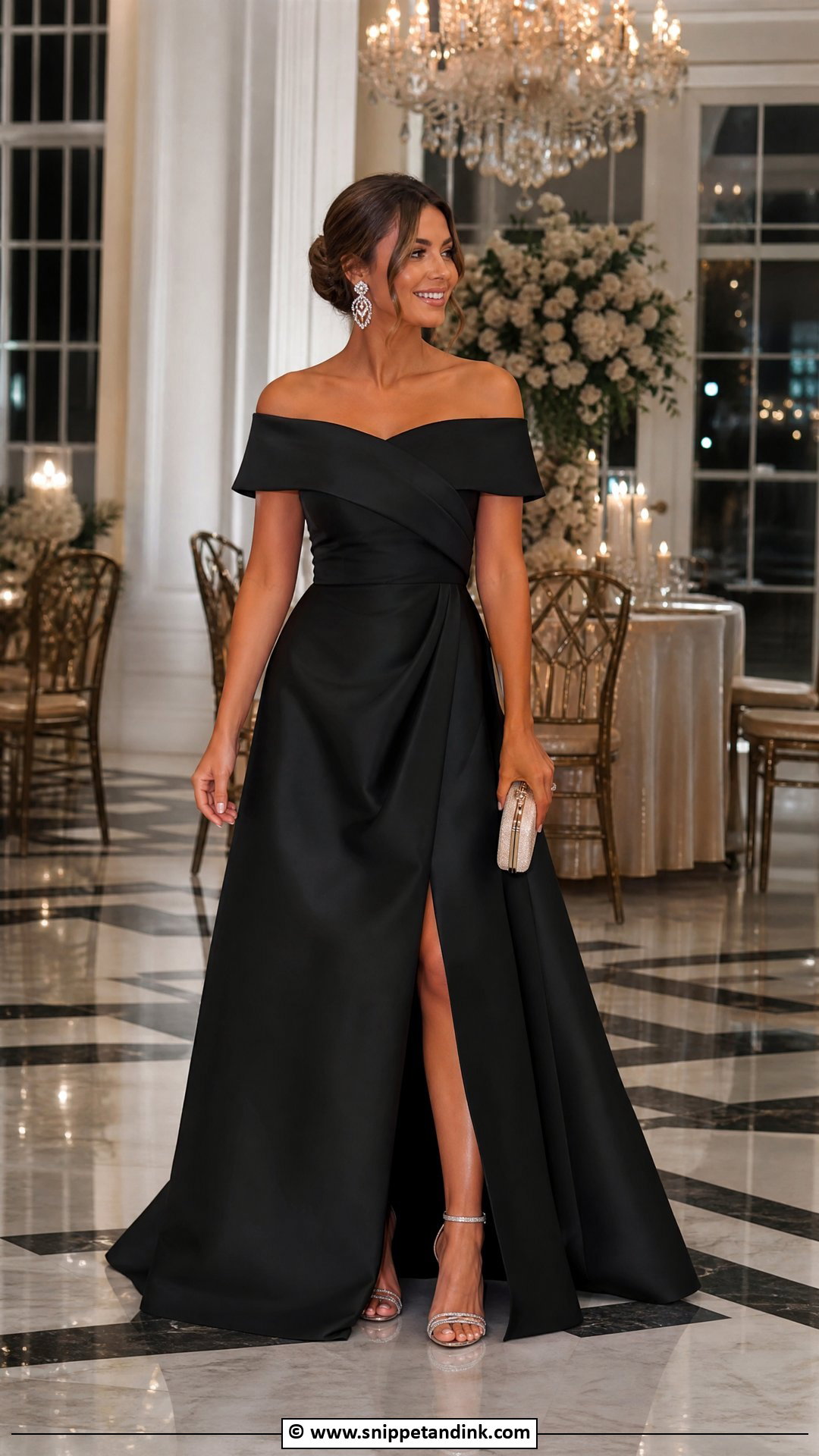Black Tie Wedding Off Shoulder Gown Outfit - Snippet and Ink - 35 Black Tie Wedding Ideas