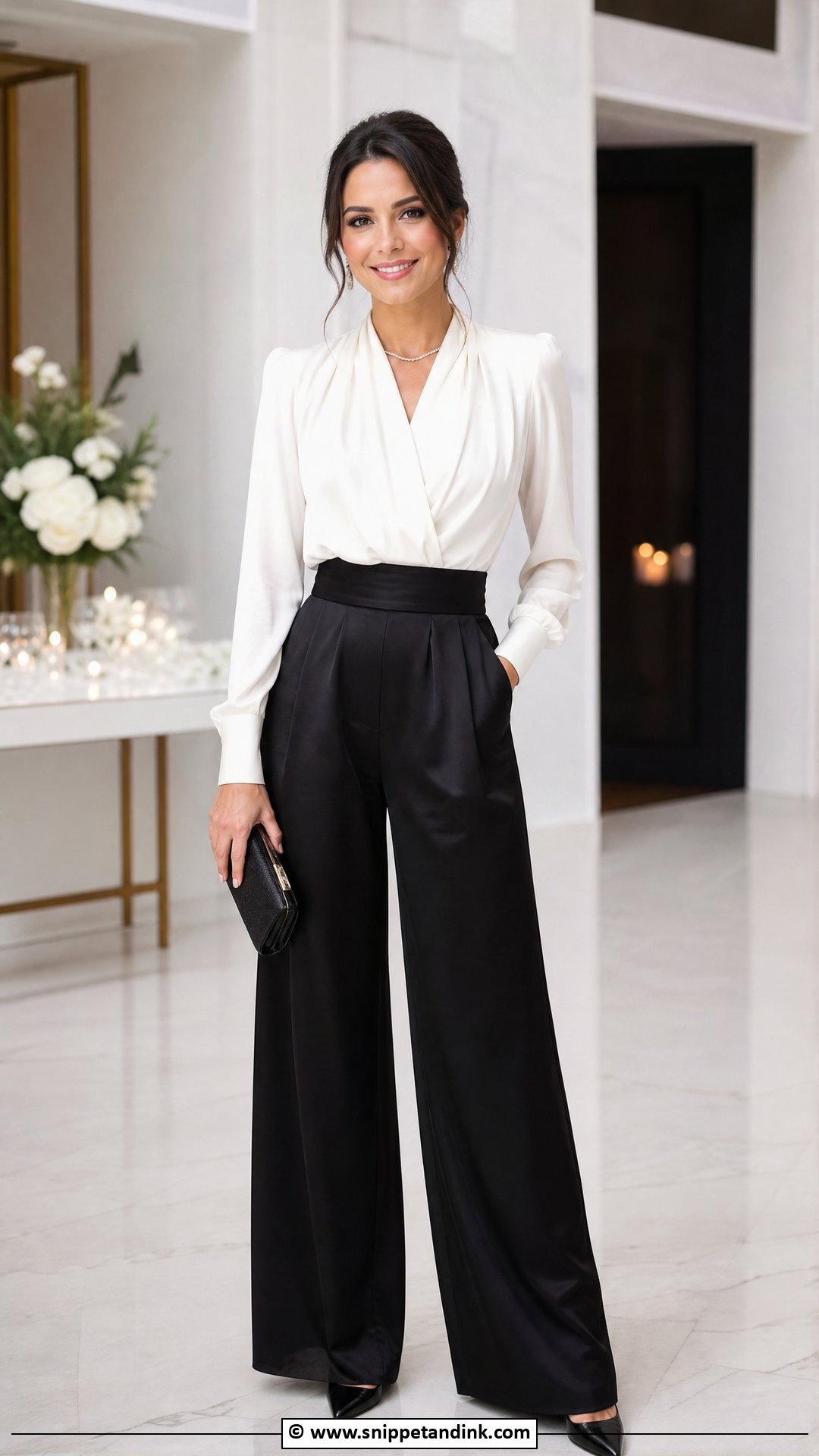 Black Tie Wedding Wide Leg Pants Outfit - Snippet and Ink - 35 Black Tie Wedding Ideas