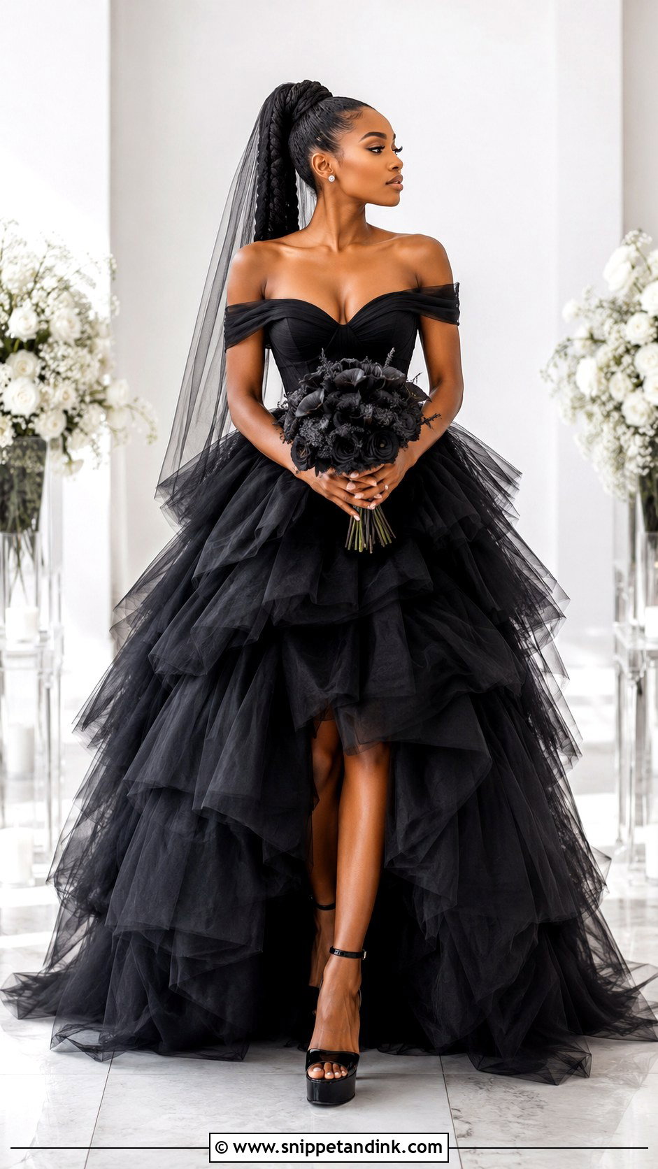Black Tiered Ballgown Wedding Dress With Minimal Jewelry - Snippet and Ink - 20 Ballgown Wedding Dress Black Woman Ideas