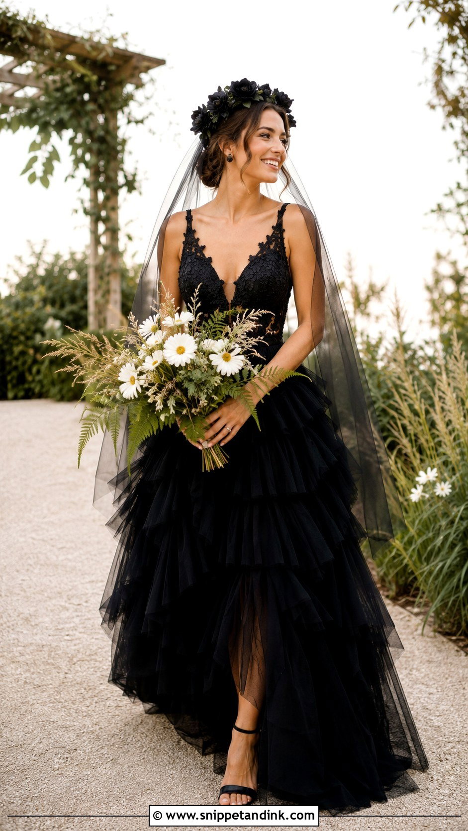 Black Tiered Tulle Boho Wedding Dress - Snippet and Ink - 20 Boho Black Wedding Dress Ideas
