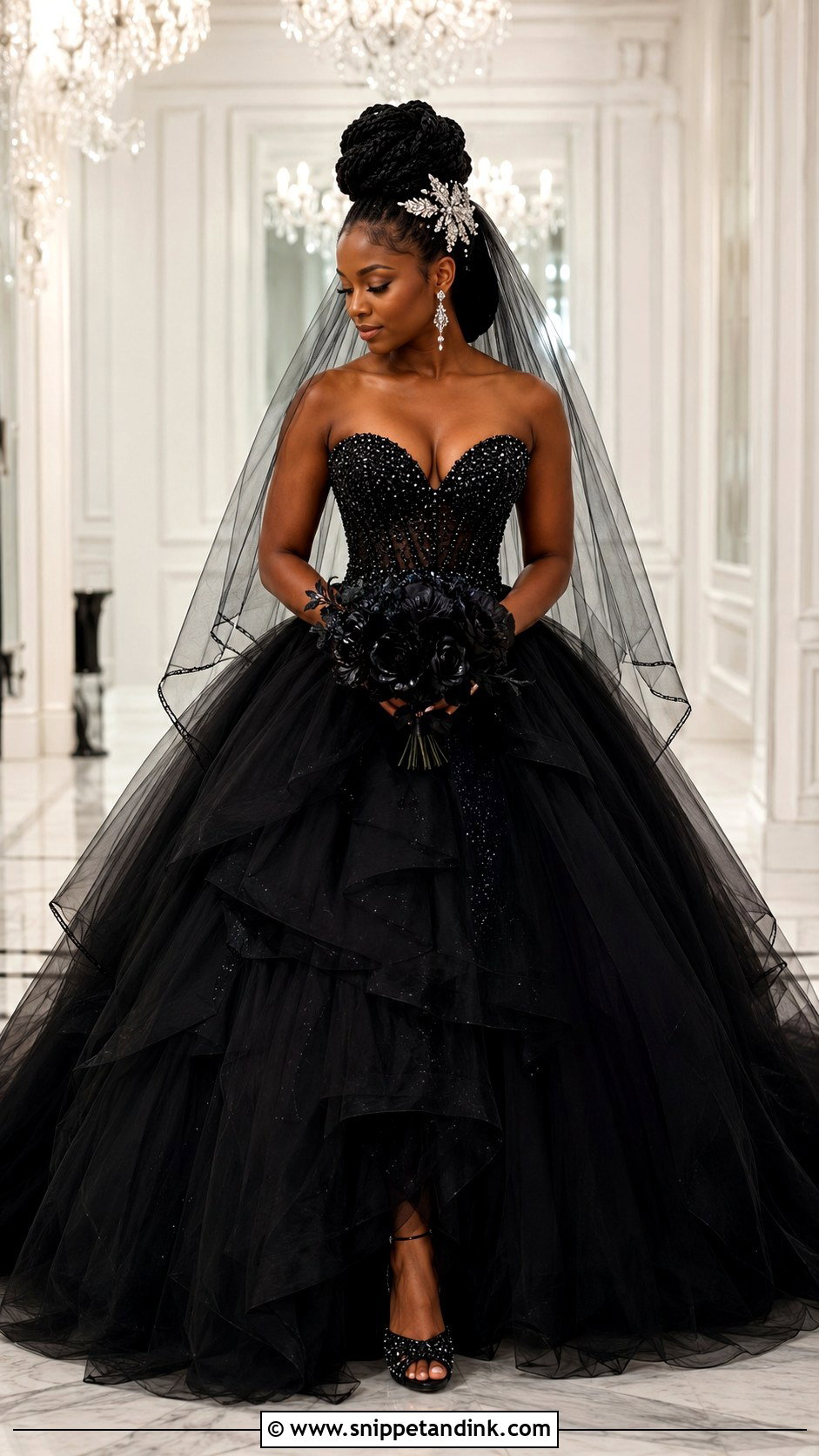 Black Tulle Ballgown Wedding Dress With Crystal Jewelry - Snippet and Ink - 20 Ballgown Wedding Dress Black Woman Ideas