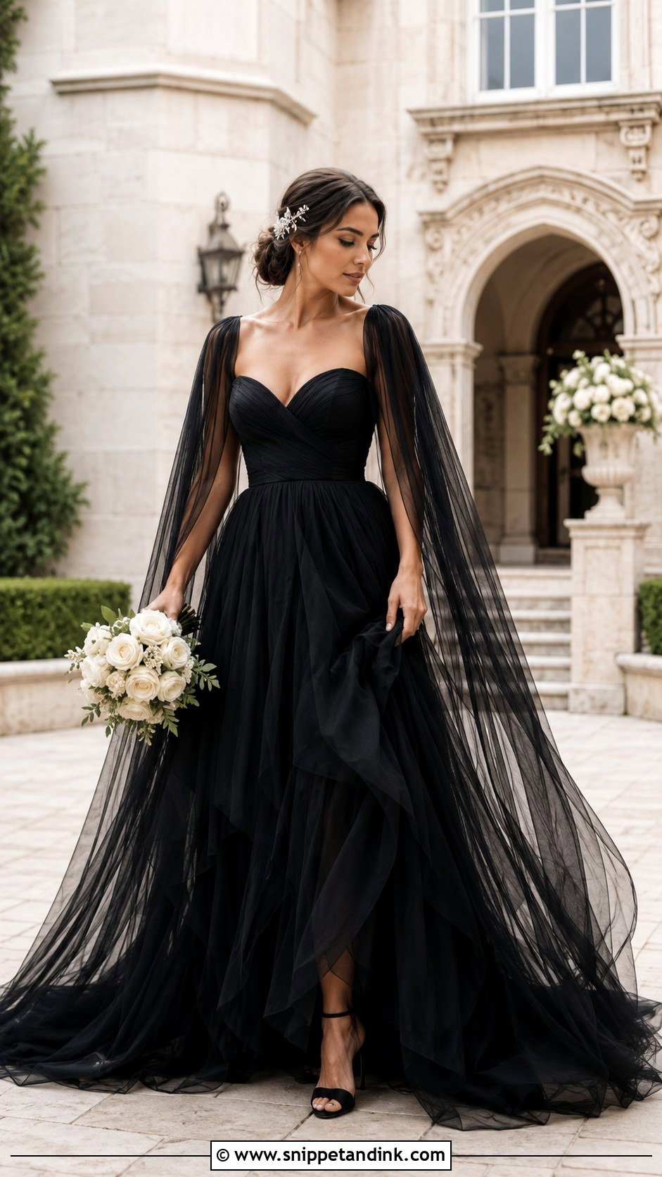 Black Tulle Cape Sleeve Wedding Dress - Snippet and Ink - 20 Black Tulle Wedding Dress Ideas