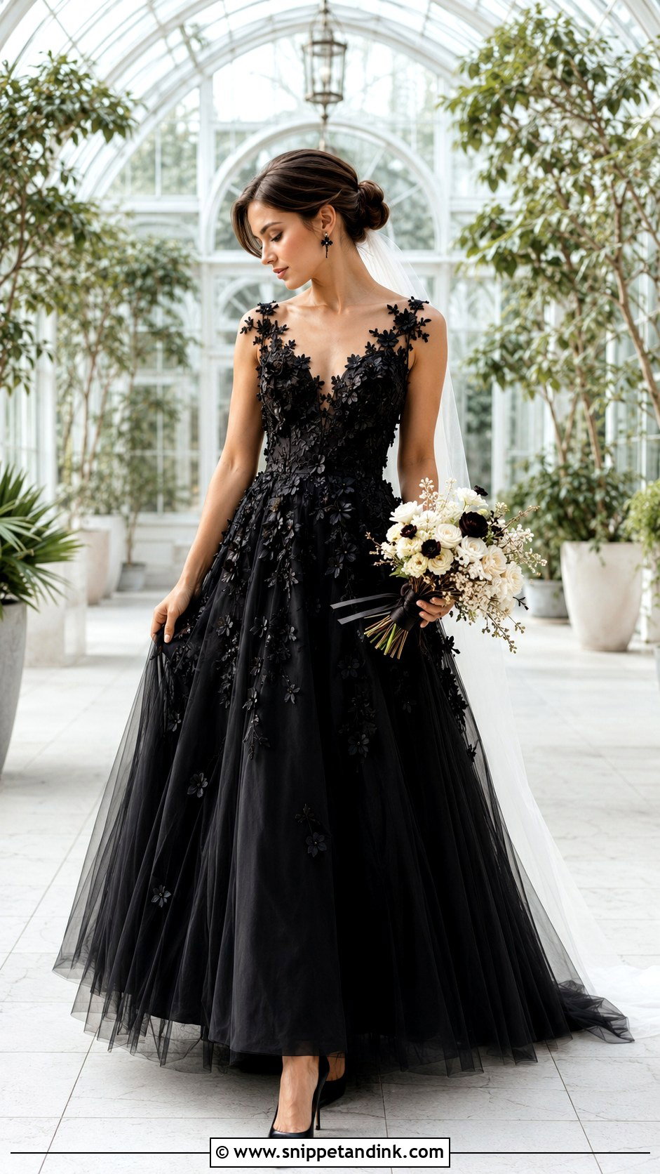 Black Tulle Floral Applique Wedding Dress - Snippet and Ink - 20 Black Tulle Wedding Dress Ideas